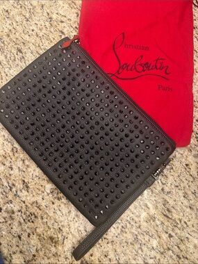 Christian Louboutin Black Studded Leather Clutch with Wrist Strap